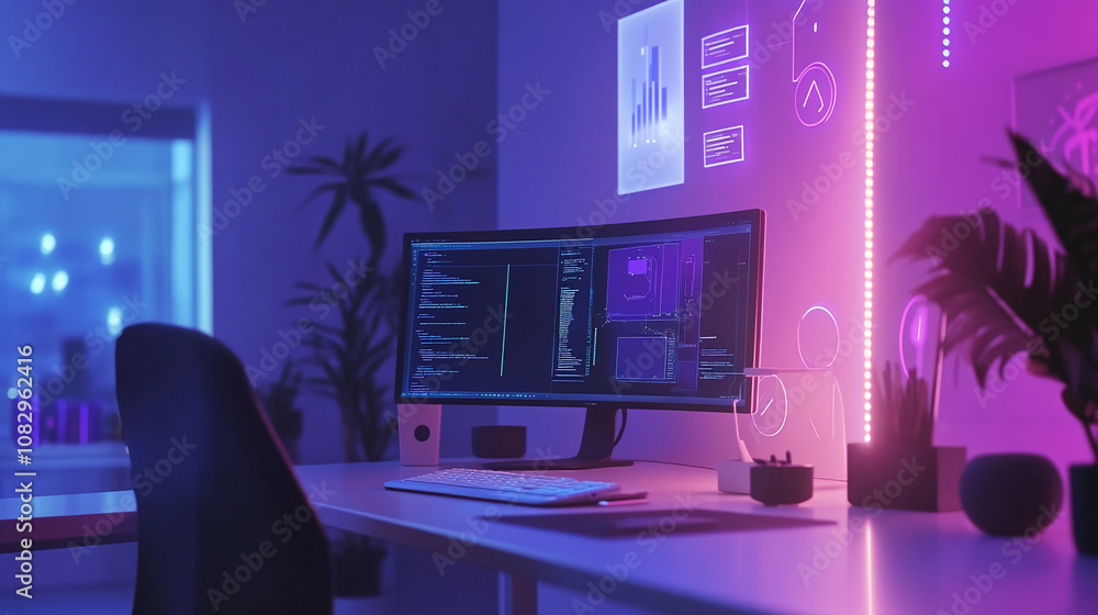 Poster A computer screen shows lines of code during a nighttime work session