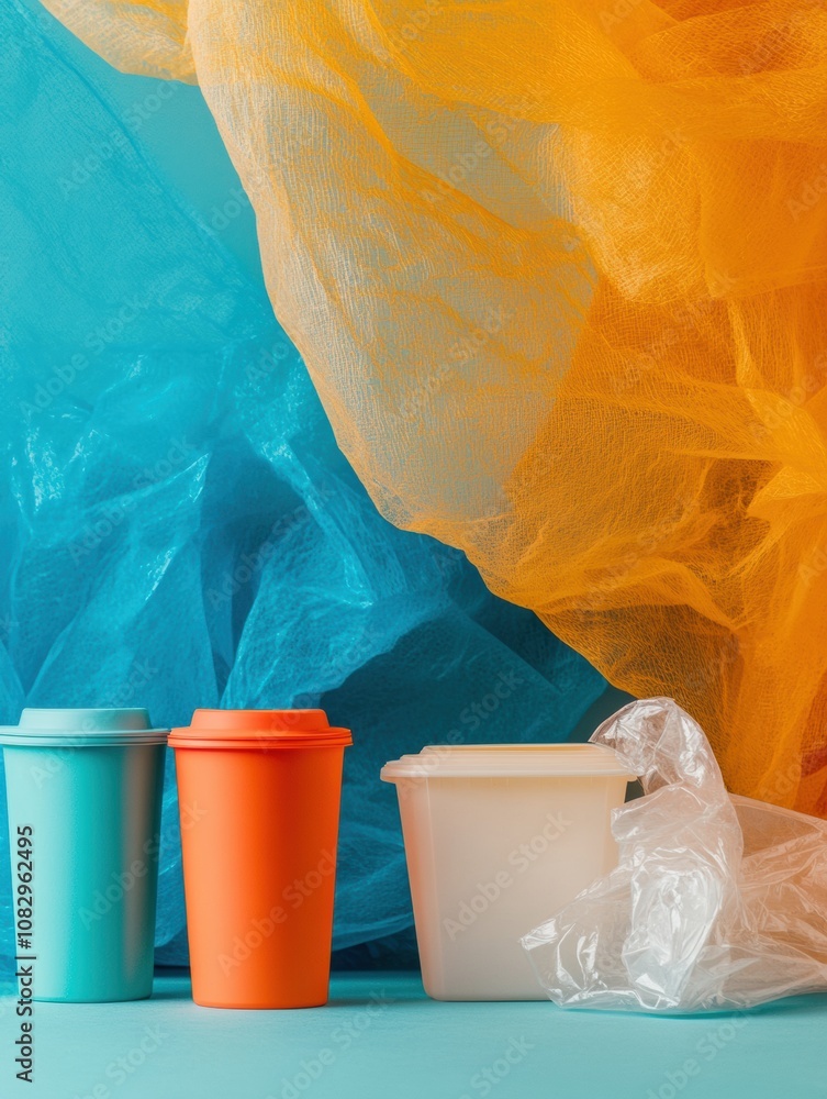 Poster brightly colored reusable containers contrast sharply with discarded single-use plastic bags and cup
