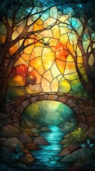 A stunning stained glass artwork depicting a vibrant landscape with a bridge over a serene river, surrounded by colorful trees and illuminated by warm light.