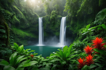 Lush jungle waterfall cascading into serene pool.