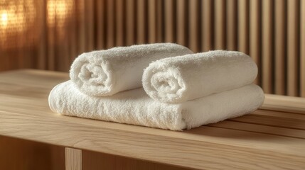 Rolled white towels on wooden bench in minimalist spa setting