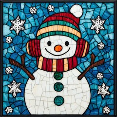 Festive Snowman Mosaic Winter Holiday Stained Glass Artwork