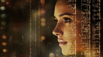 A human silhouette overlays intricate genetic code patterns, representing the fusion of human identity and genetic science. Generative AI