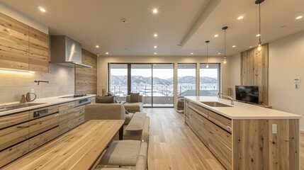 Luxurious modern kitchen and living area in a winter resort showcasing natural wooden design elements with scenic snowy mountain views outside