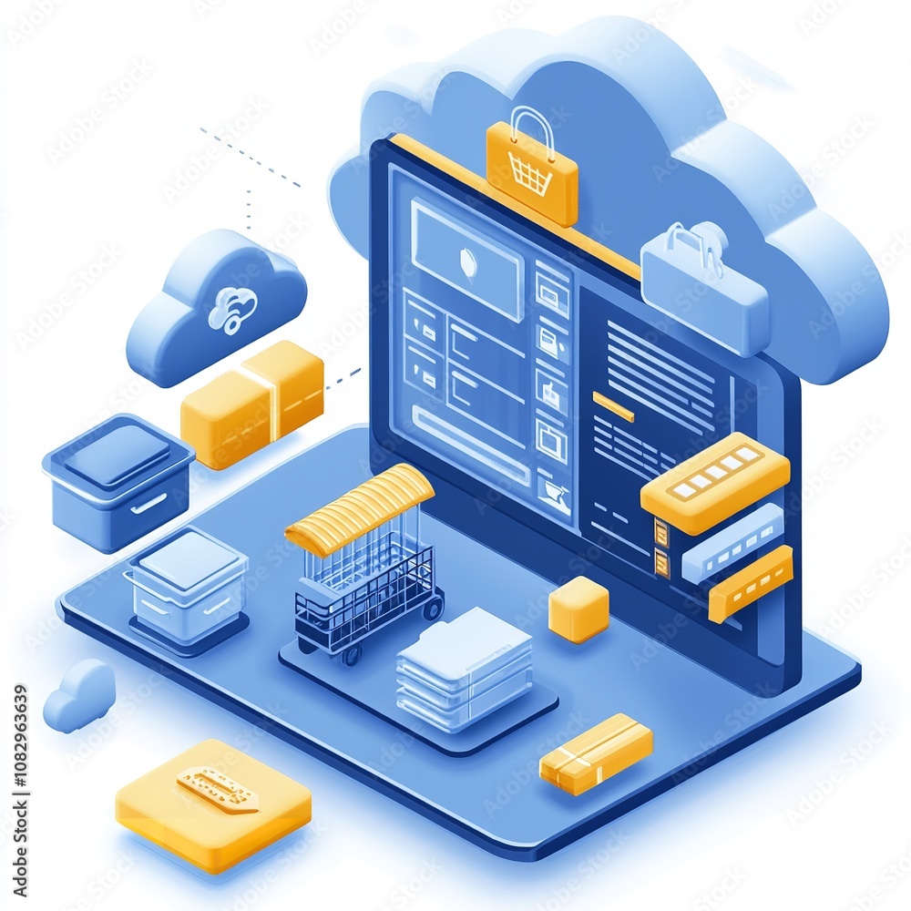 Aufkleber a computer monitor with a cloud and connected devices around it, on a white background