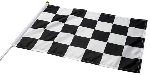 Classic checkered racing flag with black and white horizontal stripes on a white background, track racing gear, automotive racing