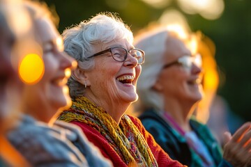Group of elderly people enjoying live music at an outdoor concert, tapping feet and laughing, medium close-up, warm light, relaxed and joyful expressions 1