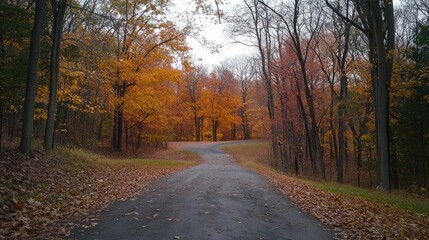Obraz premium Golden Autumn Trees Framing a Serene Driveway in a Tranquil Park Landscape