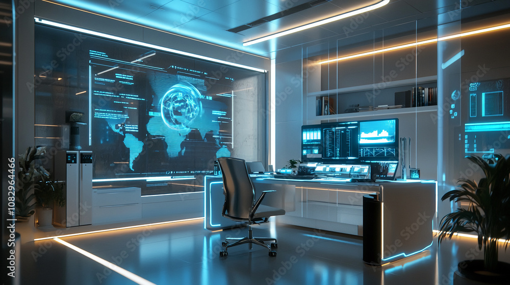 Poster an empty, sleek office with glowing blue screens showing world map data and complex code