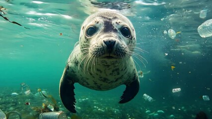 A seal navigates through polluted ocean waters with floating plastic bottles and litter, highlighting the impact of waste on marine life
