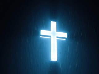 Obraz premium A glowing white cross illuminated by soft light in a rainy atmosphere, cathlocism, spiritual concept
