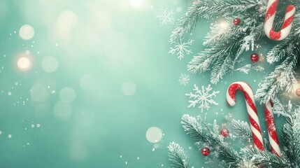 Candy cane and snowflake border on mint green bokeh background