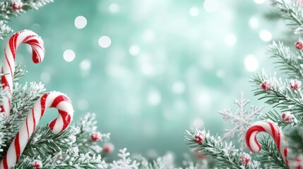 Candy cane and snowflake border on mint green pastel background