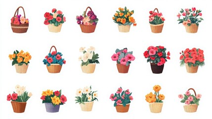 Fototapeta premium Flower Basket Day. Set of flower baskets isolated on a white background.