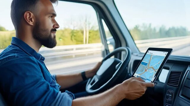 A driver man navigates a truck using a tablet for navigation while driving on a sunny highway surrounded by greenery
