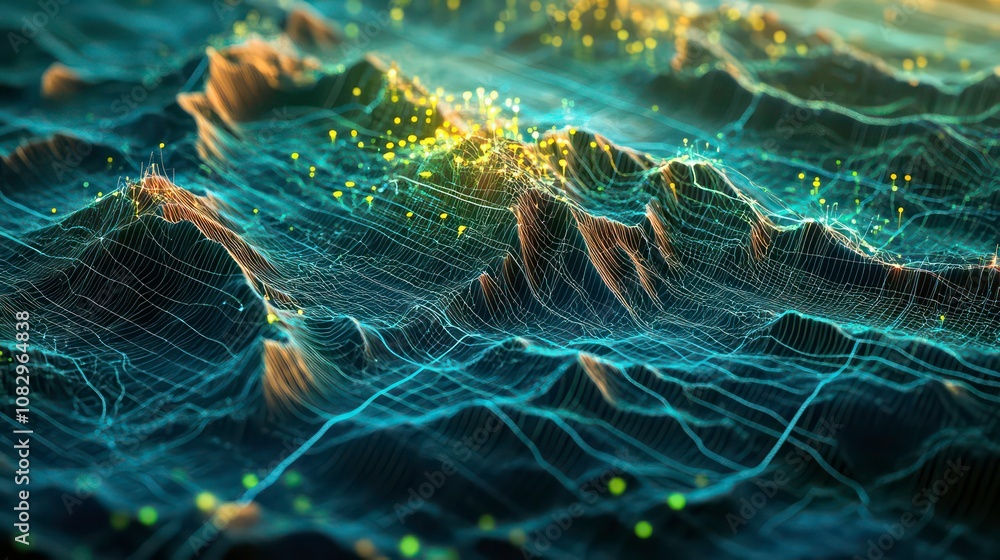 Poster Abstract 3D rendering of a digital landscape with glowing particles.