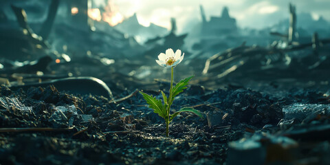 A small white flower is growing in a field of rubble