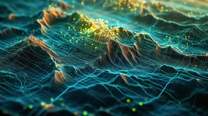Abstract 3D rendering of a digital landscape with glowing particles.
