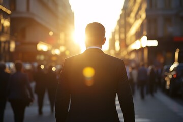 Businessman walking in a busy office district at sunset, viewed from behind, in a black suit, golden hour lighting, medium close-up, thoughtful and calm expression 3