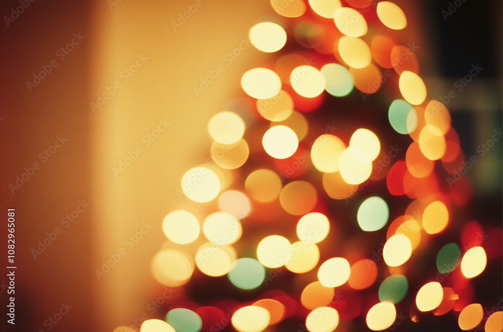 Aufkleber out-of-focus christmas lights illuminate a tree, producing a bokeh effect of warm colors like red, o