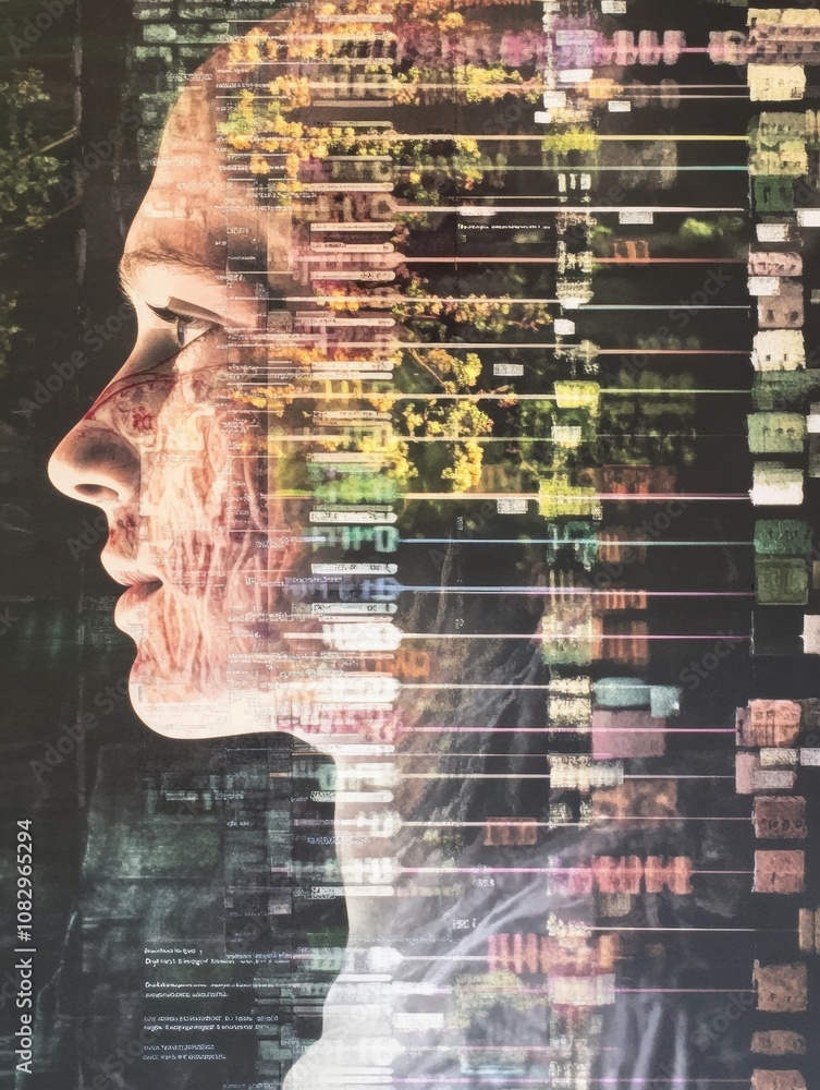 Poster a human silhouette overlaid with vibrant dna symbols illustrates the connection between genetics and