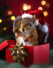 Santa Squirrel in red gift box 
