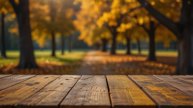 Wooden Table with Autumn Background