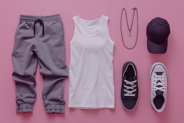 Trendy Sporty Flatlay Featuring Joggers, Tank Top, Sneakers, and Cap on Stylish Pink Background for Modern Fashion Themes