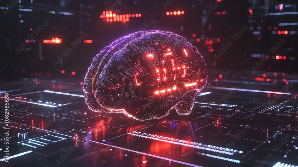 Poster a three-dimensional model of a brain, constructed from glowing circuit lines, rests on a dark, intri
