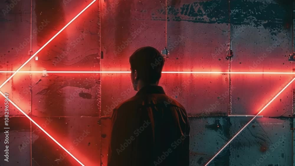 Poster man is illuminated by red lines crossing in front of a concrete wall, symbolizing the complex networ