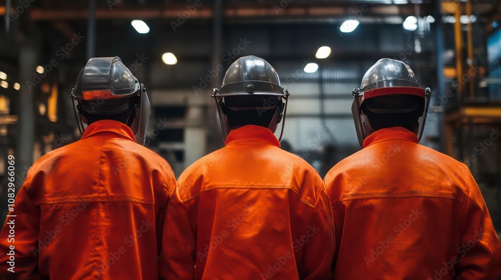Poster three factory workers in orange jumpsuits and hard hats stand with their backs to the camera.