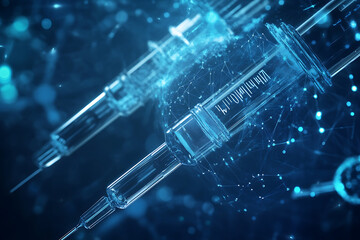 Abstract digital background on a medical theme, featuring futuristic elements and symbols related to healthcare and medicine.