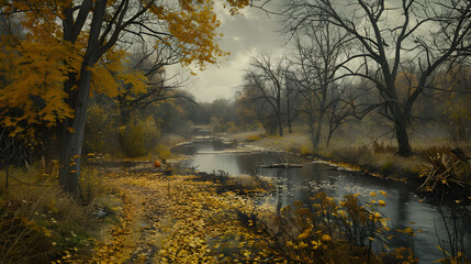 Serene Autumn Landscape with Golden Leaves and Gentle Stream Reflecting Late November Atmosphere