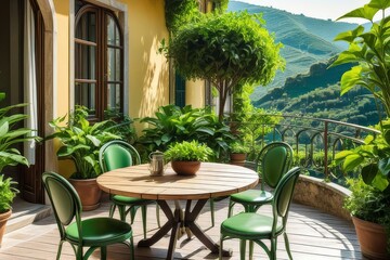 Beautiful view with tables and chairs at a open terrace cafe in italian village, Italy. Sun light