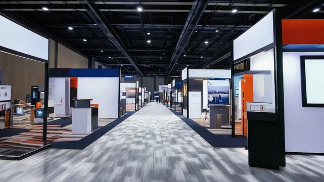 The business exhibition hall buzzes with potential as numerous booths await visitors, highlighting innovative displays for various industries