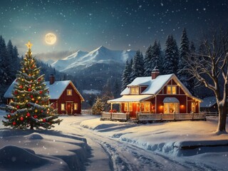 Fototapeta premium A vintage-style Christmas postcard featuring a cozy snow-covered cottage, festive decorations, and warm holiday wishes in classic colors and design