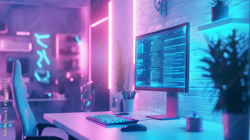 Poster A computer monitor shows lines of code under neon lighting