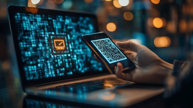 Closeup of a hand holding a smartphone with a QR code displayed on the screen while a laptop computer with a digital circuit board background is in the foreground.