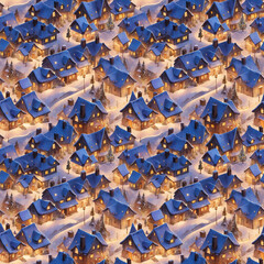 Fototapeta premium Charming winter village pattern with cozy houses and snowy landscape