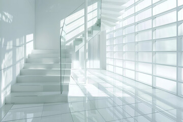 Obraz premium Contemporary Upstairs Interior Showcasing Full Glass Features and White Tiles