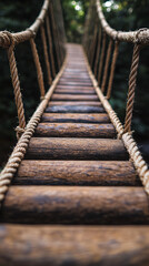 rustic wooden rope bridge in forest landscape