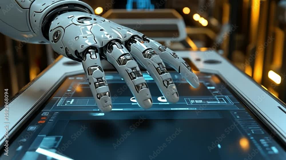 Poster a robotic hand interacting with a futuristic touchscreen interface in a high-tech laboratory