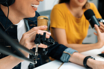 Cropped smiling radio influencer hosts wearing headphones with channel social media online live streaming talking topic on script note and laptop to listeners at morning at studio record. Infobahn.