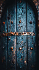 Fototapeta premium vintage rustic dark blue wooden door with metal hardware and weathered texture