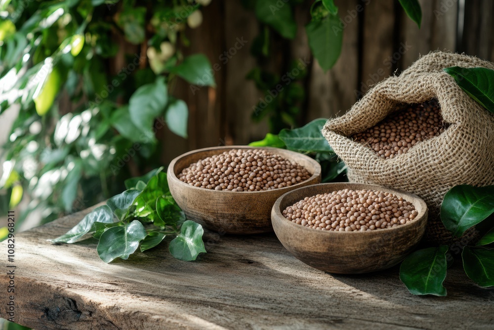 Poster bowls and sacks overflow with lentils, beans, and chickpeas on a rustic wooden table, accentuated by