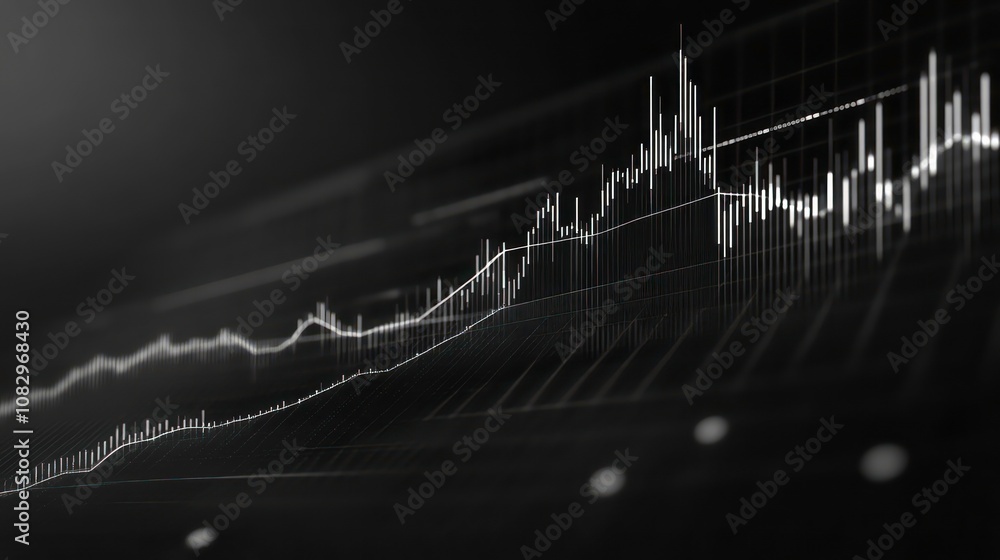 Aufkleber Widescreen abstract financial chart with uptrend line graph and candlestick on black and white colour background. Business stock or financial charts backgrounds.