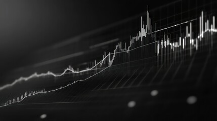 Widescreen abstract financial chart with uptrend line graph and candlestick on black and white colour background. Business stock or financial charts backgrounds.