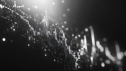 Abstract digital data stream with glowing particles on a black background.