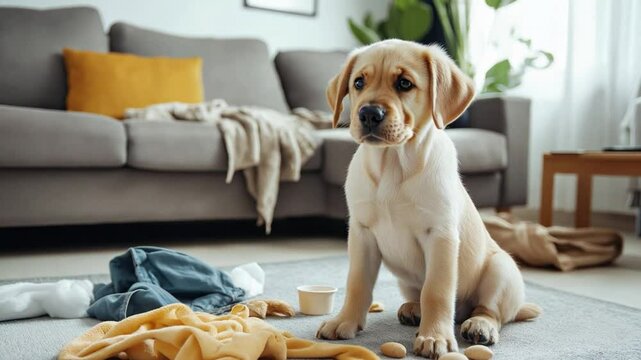 A mischievous labrador puppy creating a mess at home while waiting for the owners, sits amid cluttered living room, with clothes and food lying on the floor