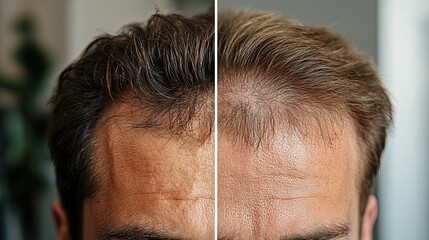 Obraz premium Man proudly displays the transformation from hair loss
